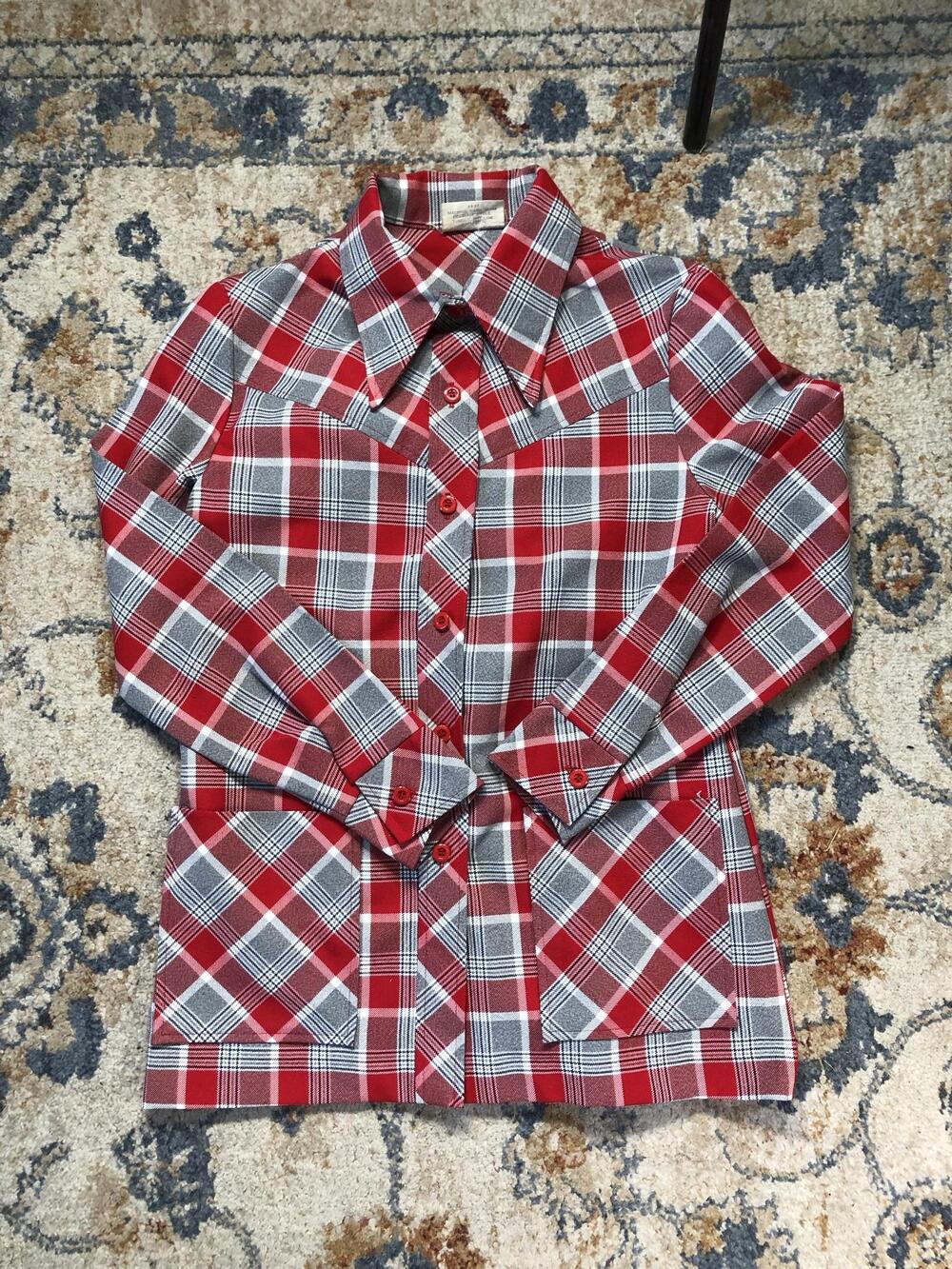Vintage Kmart Shirt Womens 12 Red Plaid Western Long Sleeve Button Up Japan 70s